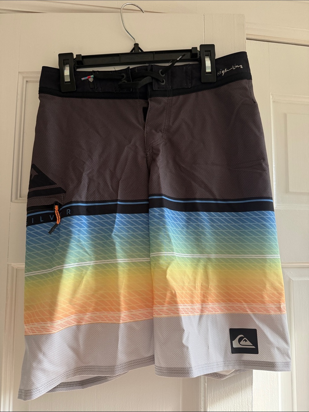 Quiksilver Men's Gray Boardshorts with Blue-Green-Yellow Rainbow Stripes